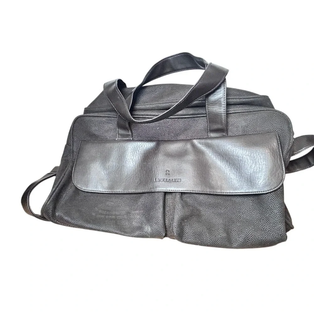 Lagerfeld Brown Pebbled Faux Leather Duffel‎ Bag Weekender Travel